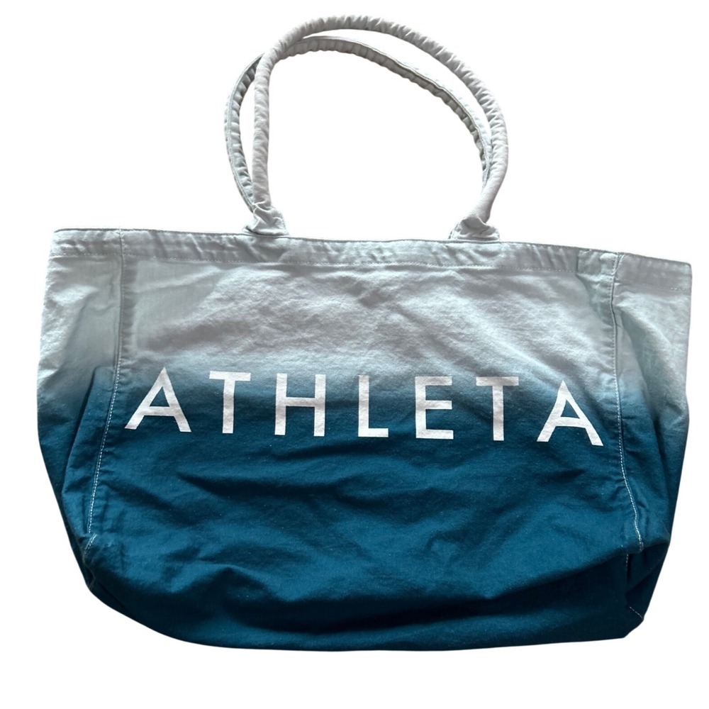 Athleta Blue Ombre Canvas Tote Bag Logo Dip Dye Cotton‎ Gym Beach Bag Womens